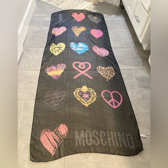 Moschino Accessories - Moschino Heart Collage Large Black silk scarf